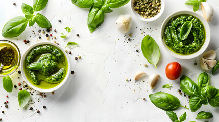 Pesto sause and ingredients on white background, copy space - Powered by Adobe