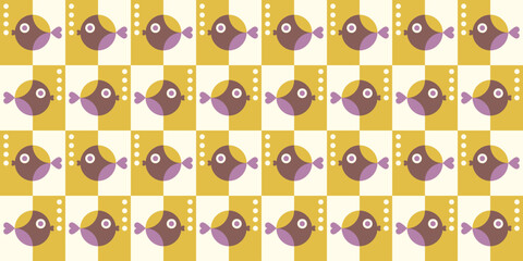 Geometric seamless pattern with fish. Retro background in minimal style for pet shop, zoo, interior tiles, clothing, wallpaper, wrapping paper. Vector flat cartoon illustration