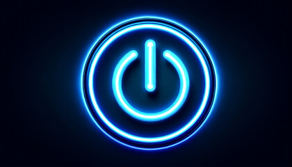 A striking neon power button symbol glowing in blue and white against a dark backdrop, representing technology and energy