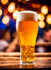 glass of beer on the background of a bar. Selective focus.