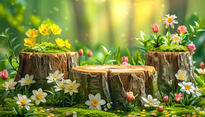 Forest scene with stumps,moss and spring flowers. Natural stumps for product placement or advertising. Podiums for showcasing eco-friendly products or natural beauty items.