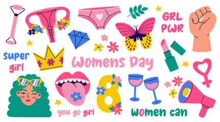 Colorful collection for March 8, International Women's Day. Vector illustration of feminism and girls power concept.