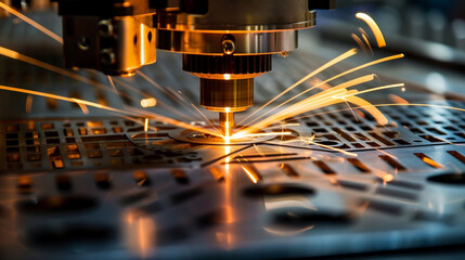High-powered lasers cut through metal with precision, shaping raw materials into precise components for use in various manufacturing applications. - obrazy, fototapety, plakaty
