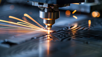 High-powered lasers cut through metal with precision, shaping raw materials into precise components for use in various manufacturing applications.