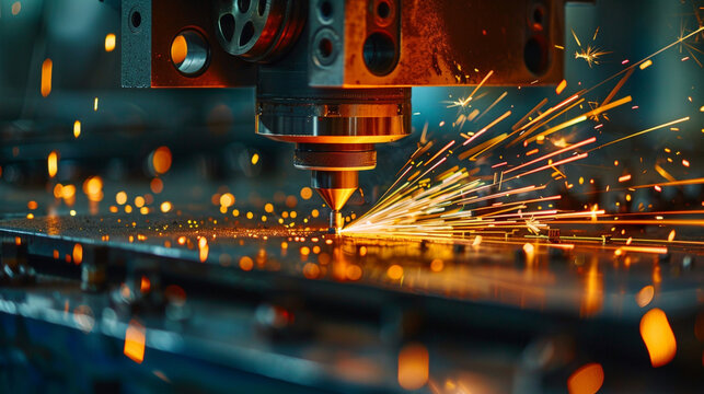 High-powered lasers cut through metal with precision, shaping raw materials into precise components for use in various manufacturing applications.