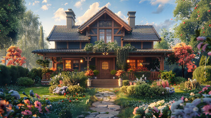 A craftsman-style house with a decorative gable, its exterior adorned with blooming flowers, capturing the essence of suburban charm. - obrazy, fototapety, plakaty