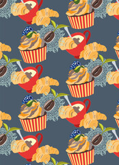 Seamless pattern with coffee and cupcake on the blue background.