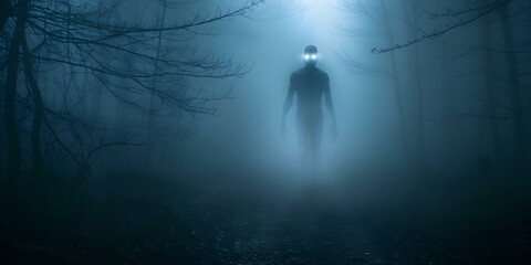 Eerie figure in misty forest at night: a chilling mystery. Concept Misty Forest, Night Photography, Eerie Figure, Mystery, Chilling Atmosphere