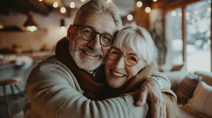 Portrait of couple of happy mature people in love hugging and looking at the camera smiling and having fun at home. Two cute seniors enjoying indoors together. - obrazy, fototapety, plakaty