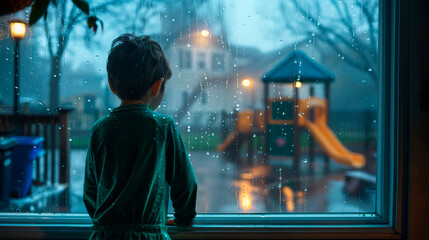 Child looking out at rainy playground. The silhouette of a child observing a playground through a rain-soaked window captures a poignant moment of stillness and reflection.