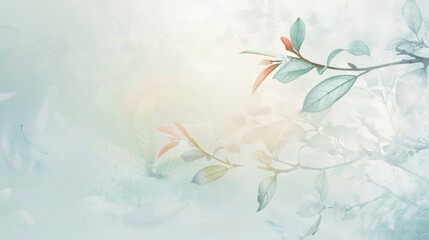 Fototapeta na wymiar Artistic botanical background with soft light. Delicate foliage overlay on dreamy pastel backdrop. Tranquil plant silhouettes on serene light background.