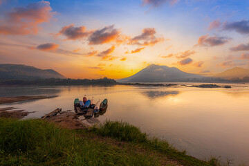 Mekong river and mountain scenery in the morning,Kaeng Khut couple scenery, Chiang Khan, Thailand 