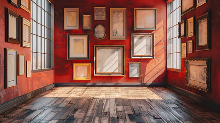 Décoration intérieur avec plusieurs cadres au mur rouge, mockup