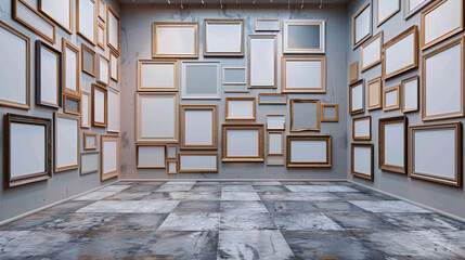 intérieur d'une pièce moderne avec plusieurs cadres sur un mur blanc, mockup