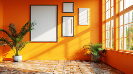 intérieur d'une pièce moderne avec plusieurs cadres sur un mur orange, mockup