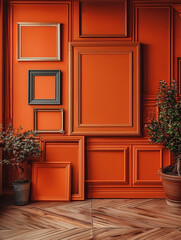 intérieur d'une pièce moderne avec plusieurs cadres sur un mur orange, mockup