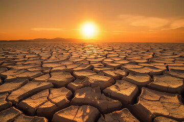 Obraz premium Drought land, Dries, Global drought. Dry cracked earth on sunset. Water crisis and World Climate change. Dried earth in Water crisis in nature. No freshwater in desert. Cracked dried earth soil