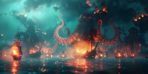 Cthulhu causes chaos in a surreal sea fleet encounter. Concept Fantasy, Lovecraftian, Nautical, Surreal, Chaos