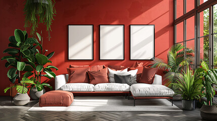 intérieur d'une pièce moderne avec plusieurs cadres sur un mur rouge, mockup