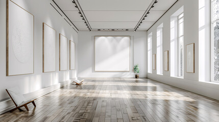 intérieur d'une pièce moderne avec plusieurs cadres sur un mur blanc, mockup - obrazy, fototapety, plakaty