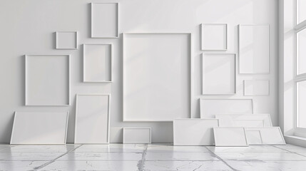 intérieur d'une pièce moderne avec plusieurs cadres sur un mur blanc, mockup - obrazy, fototapety, plakaty