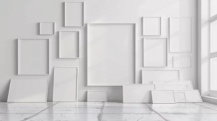 Fotobehang intérieur d'une pièce moderne avec plusieurs cadres sur un mur blanc, mockup © Michel