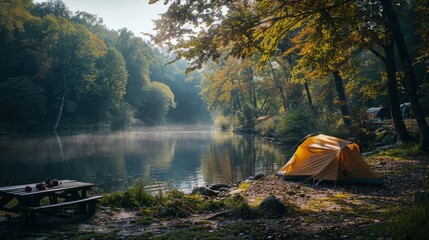 A camping riverside campsite with a lush green forest 