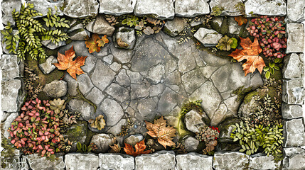 Textured Stone Pattern with Green Moss, Old Outdoor Surface Design, Concept of Nature and Urban Environment