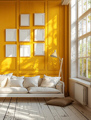 intérieur d'une pièce moderne avec plusieurs cadres sur un mur jaune, mockup