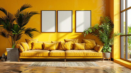 intérieur d'une pièce moderne avec plusieurs cadres sur un mur jaune, mockup