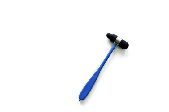 Neurologist's medical hammer with a blue handle on a white isolated background. Medicine, neurology concept