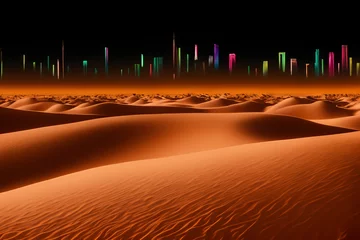 Foto auf Leinwand Desert against backdrop of city with skyscrapers buildings. City in desert. Cityscape of buildings in Desert with dunes. Global drought. City metropolis at sand dunes. Water crisis, Climat change. © MaxSafaniuk