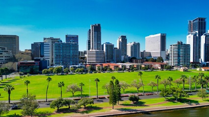 Perth skyline, Western Australia. Beautiful aerial view of city skyline along the river - obrazy, fototapety, plakaty