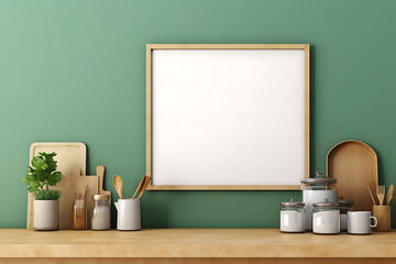Mock up poster frame in kitchen interior on empty green color wall background.3d rendering
