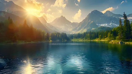 Tuinposter Majestic mountain lake in National Park. Dramatic scene. Sky glowing by sunlight © Prasanth