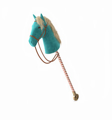 Plush hobby horse toy with a wooden stick on white background