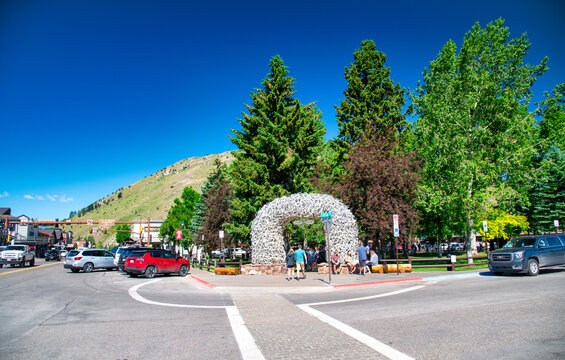 Jackson Hole, WY - July 12, 2019: City streets and traffic on a sunny summer day