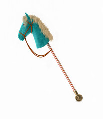 Plush hobby horse toy with a wooden stick on white background