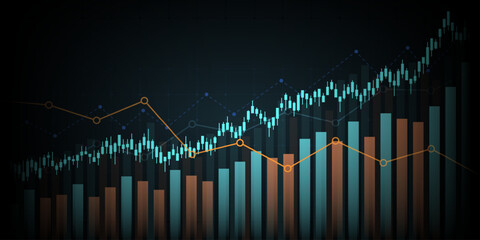 Widescreen Abstract financial graph with uptrend line and bar chart of stock market on blue color background
