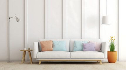 Bright and cozy modern living room interior have sofa and lamp with white wall background AI Generated