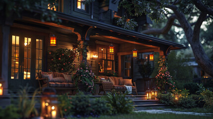 A craftsman home with a covered porch, its exterior adorned with hanging lanterns and cozy seating,...