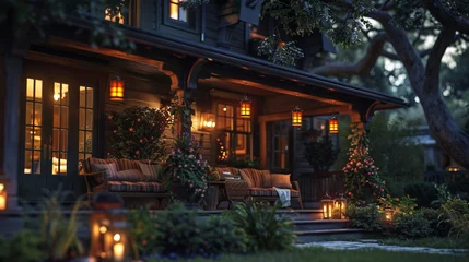 Fototapeten A craftsman home with a covered porch, its exterior adorned with hanging lanterns and cozy seating, creating an inviting and charming scene in a suburban setting. © Adnan Bukhari