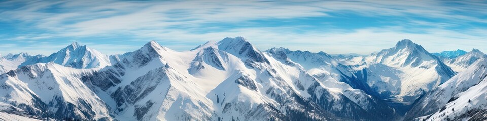 Snow-Capped Mountain Peaks Panorama with Sunlight on the Ridge for Extreme Mountaineering and Nature Views