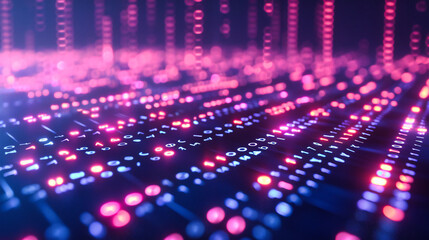 Technology and music abstract with neon blue tones, blending digital concepts with audio elements in a futuristic design