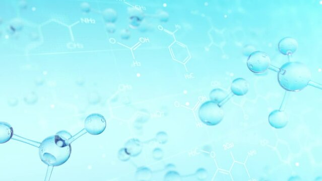 Rotating 3D model of molecule or atom nano on chemistry formular background. Research chemical concept. Seamless Loop animation. Motion graphic