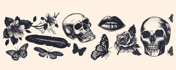 Retro Photocopy Effect Bliss with Trendy Skull, Butterfly, Lip Elements, Floral Reverie, Vector and isolated on background