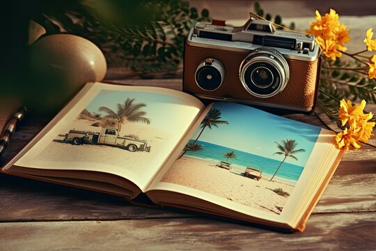 Summer Travel Nostalgia. Instant Vintage Photo Collage of Summer Vacation Memories on Wooden Table in Retro Style