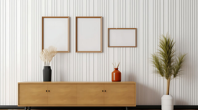 Mockup photo frame wooden slat white wall mounted on the wooden cabinet 