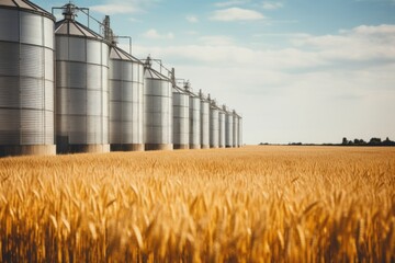 Silos in a barley field. Storage of agricultural production. field. crop, silage, storage,