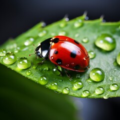 close up ladybug on grass. on a green leaf with dew drops